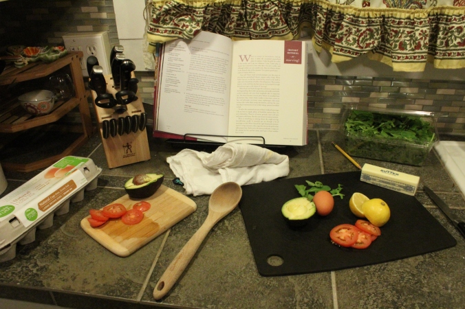 Ingredients for Eggs Benedict with Arugula, Avocado, Tomato and Balsamic Glaze