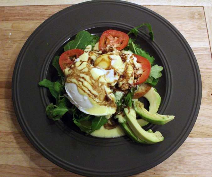 Eggs Benedict with Arugula, Avocado, Tomato and Balsamic Glaze